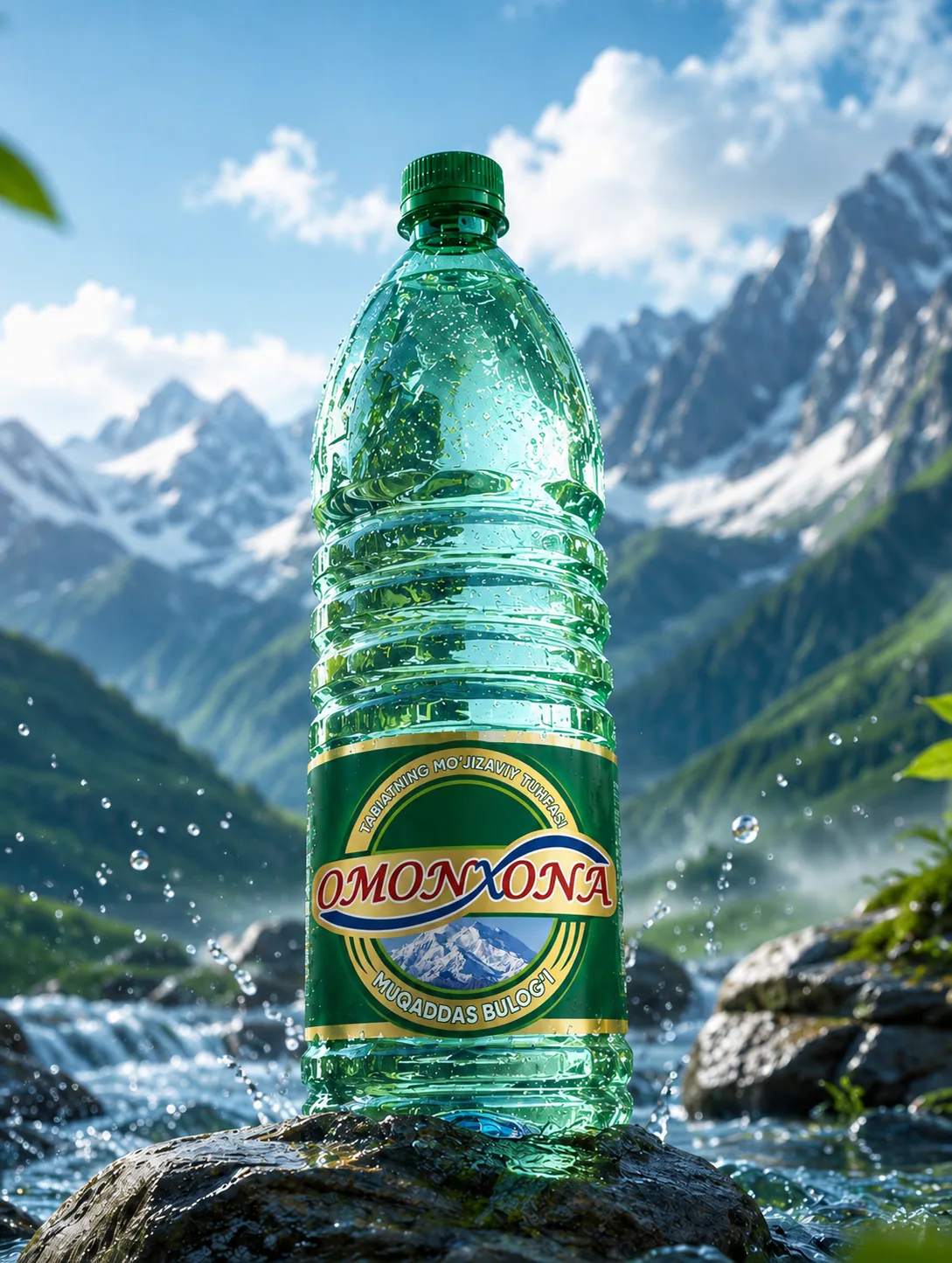 Рендер бутылки OMONXONA на фоне заснеженных вершин Байсунтау